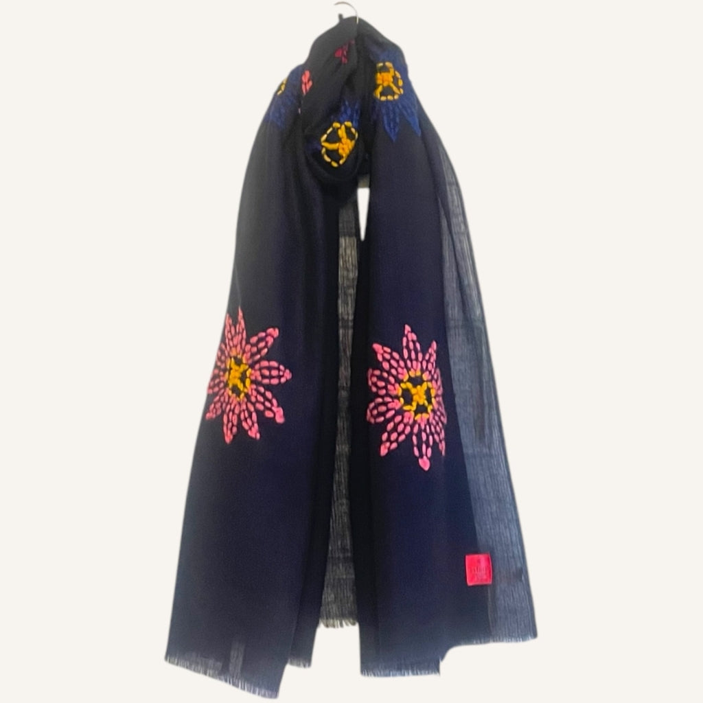 erfurt luxury Flower Embroideries Wool Scarves 69 Navy Blue