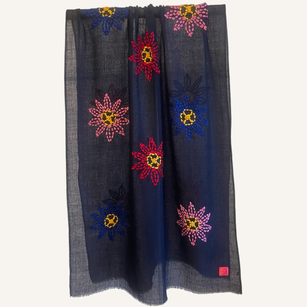 erfurt luxury Flower Embroideries Wool Scarves 69 Navy Blue