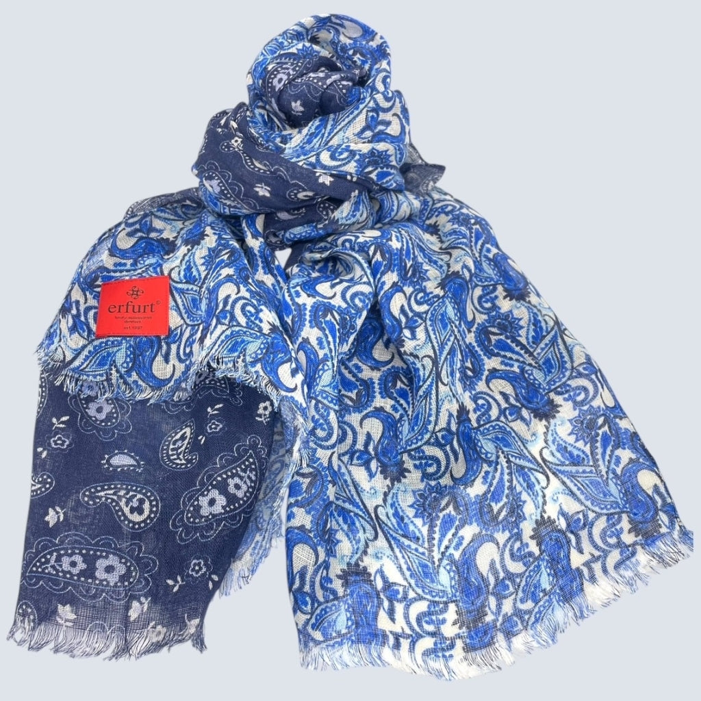 erfurt luxury Blue double paisley print linen Scarves 69 Navy