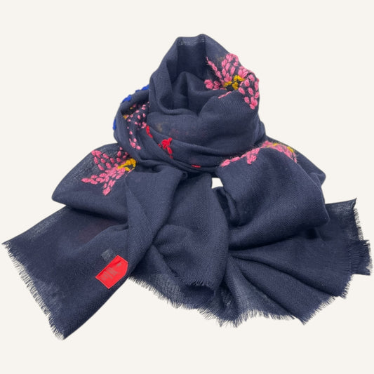 erfurt luxury Flower Embroideries Wool Scarves 69 Navy Blue